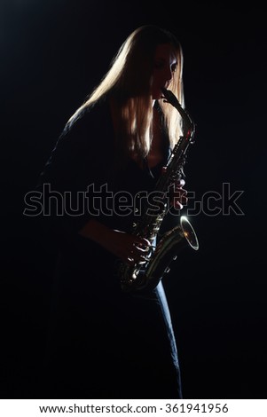 Saxophone Player Saxophonist woman playing Sax alto jazz musician with instrument