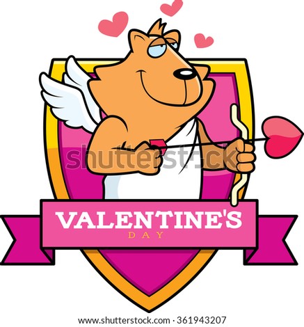 A cartoon illustration of a cat cupid in a Valentine's Day themed graphic.