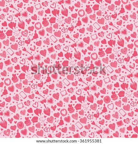 Heart icons pattern background.Valentine,wedding,love symbols backdrop.Retro heart love vector decoration.Hand drawing doodle vector,cartoon set.For wrapping paper,wallpaper,fabric.Pink silhouette