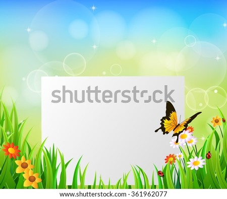 Background Green Grass with butterfly And paper