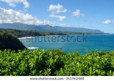 North Shore - Panoramic view of the north shore (from Kilauea Point to Na Pali Coast) of Kauai, Hawaii, USA. Royalty-Free Stock Photo #361962488