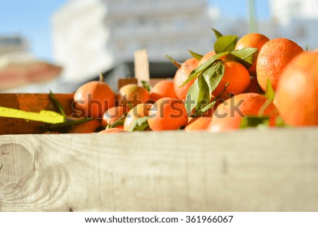 Closeup picture of fresh oranges on the market in wooden box at sunny day blue sky and city buildings background