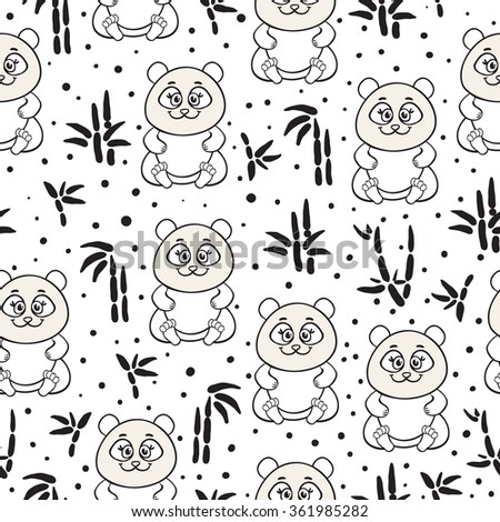 Vector pattern with baby panda and bamboo. Lovely cute bear pattern. Kids illustration.