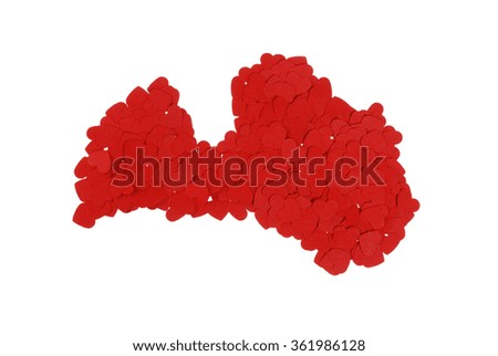 contour of the Latvia built of small red hearts on a white background
