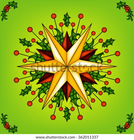 Colorful illustration background with Advent star and mistletoe leaves and berries. Merry Christmas, Advent and Happy New Year. 