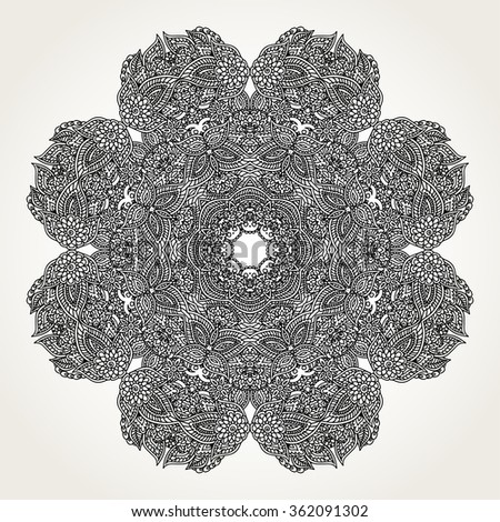 Ornate lacy doodle floral round rosette in black over white backgrounds. Hand drawn mandala. Coloring pages for adults.