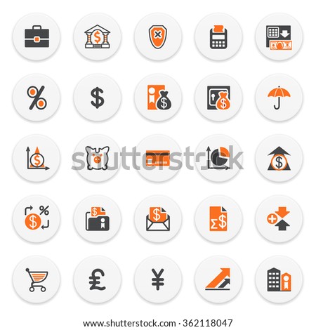 Finance and banking icons on white buttons. Flat design.