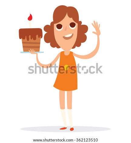 Vector cartoon image of a funny girl with brown hair in an orange dress with a big brown chocolate cake with a candle in her hand on a white background. Holiday, birthday. Vector illustration.