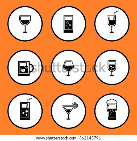 black glassful icon set for water or alcohol beverage on white background