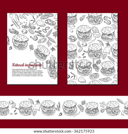 Template with different hamburgers. Seamless horizontal pattern brush. For your design, announcements, cards, posters, restaurant and cafe menu.