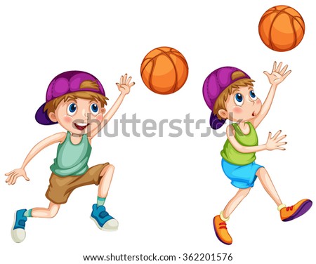Boys playing basketball on white illustration