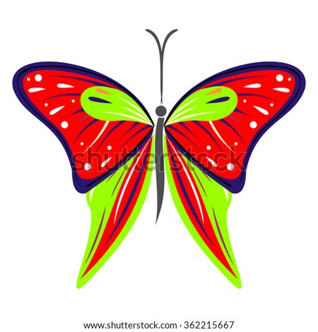 Vector illustration of insect, colorful red and green butterfly, isolated on the white background