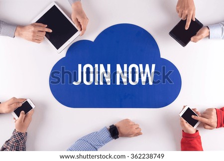 JOIN NOW Group of People Digital Devices Wireless Communication Concept