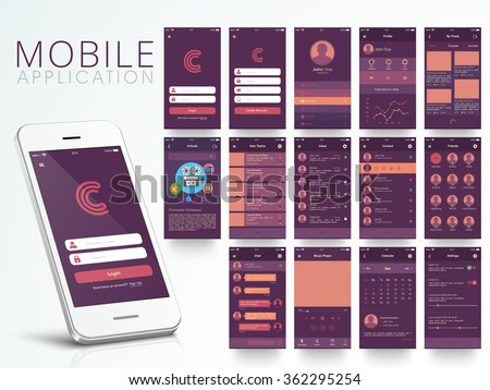 Different UI, UX, GUI screens and flat web icons for mobile apps, responsive website including Login, Create Account, Profile, Post, Inbox, Contact, Friends, Chat, Music, Setting and Calendar Screens. Royalty-Free Stock Photo #362295254