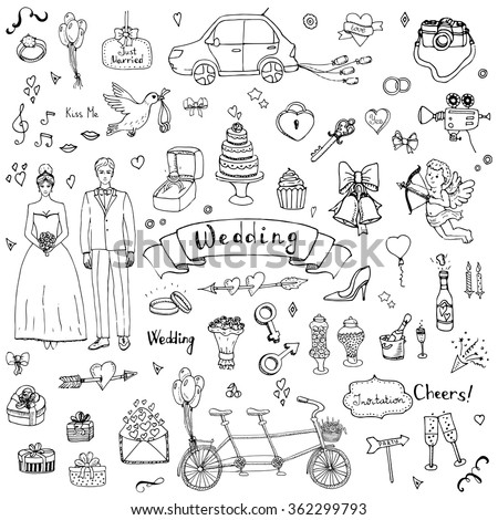 Hand drawn doodle Wedding collection Vector illustration Sketchy Marriage icons Big set of icons for Wedding day, love and romantic events Bride Groom Heart Cupid Engagement ring Tricycle Invitation