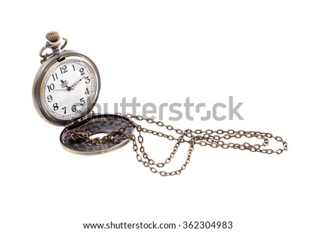 Vintage pocket watch with long chain on white background