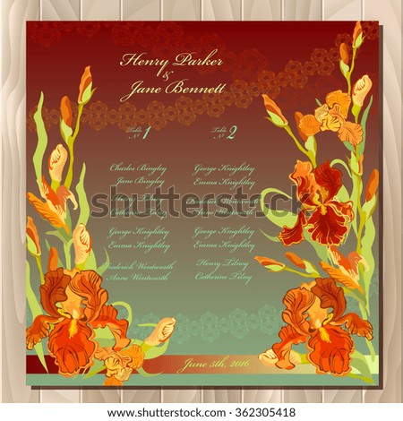 Iris flower wedding guest list for table. Red iris flower and lace background. Wedding red iris bouquet hand drawn vector illustration. Printable wedding design blank template. Vector illustration 