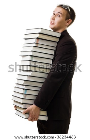 Student with many books tired from education isolated on white