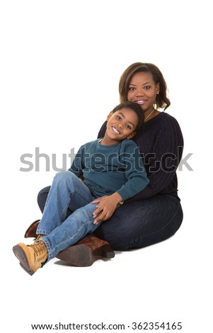 A mother and son isolated on white