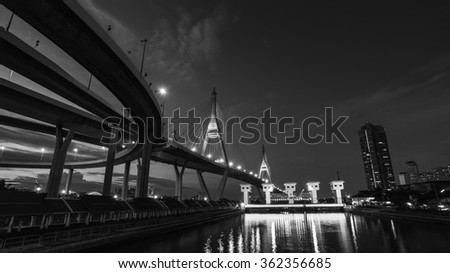 Bhumibol Bridge (The Industrial Ring Road Bridge) in the evening at Samut Prakan, Thailand. (black and white)