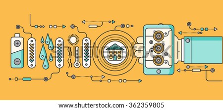 Concept of smart home and control device. Technology device, system mobile automation monitoring energy power electricity efficiency, equipment temperature, remote thermostat. Smart house illustration