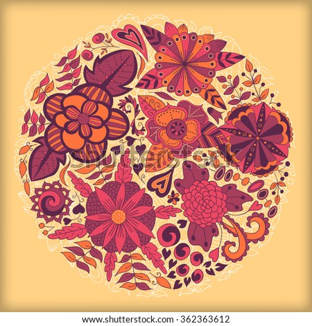 Ornamental round lace pattern, circle background with many details. Floral ornament.