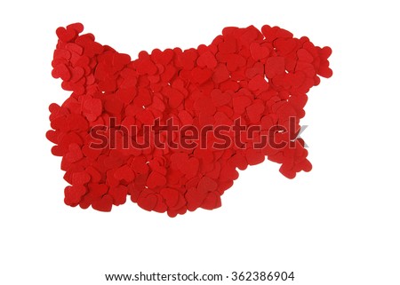 contour of the Bulgaria built of small red hearts on a white background 