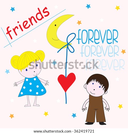 charming girl and boy friends forever with moon and dots and hearts vector illustration