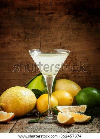 Cocktail with lemon, lime, soda and vodka in a martini glass, selective focus