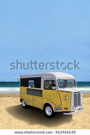 Yellow retro fast food truck on the beach, vertical template with copy space Royalty-Free Stock Photo #362466638