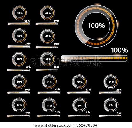 Set of loading bars and spinner bars with loading step number. Vector abstract symbol for webpage design. On a black background