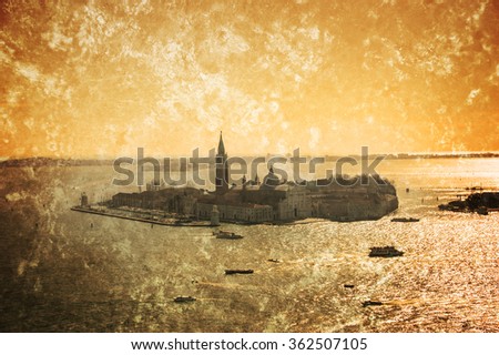 San Giorgio Maggiore island. A view from St Mark's Campanile. Retro aged photo with scratches. Mixed media