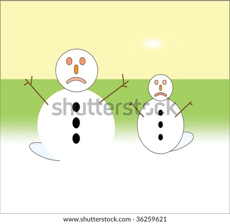 Global warming concept illustration of melting snowmen under hot sun