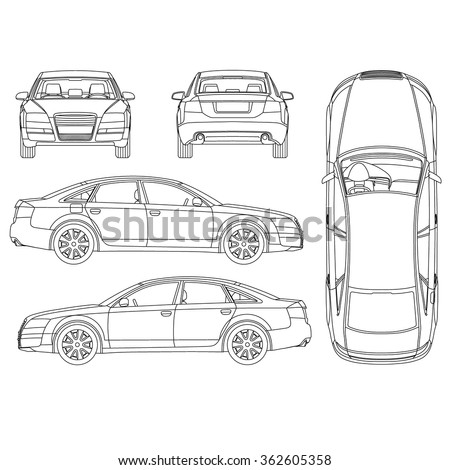 Car line art, all view, four view, top, side, back, front