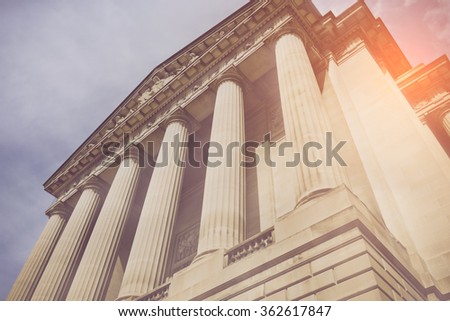Pillars and Stairs to a Courthouse with Vintage Style Filter Royalty-Free Stock Photo #362617847