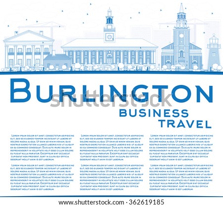 Outline Burlington (Vermont) City Skyline with Blue Buildings and Copy Space. Vector Illustration. Business and tourism concept. Image for presentation, banner, placard or web site