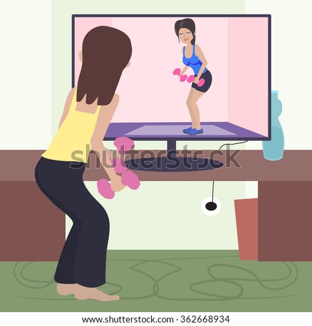 girl doing exercise opposite computer trainer