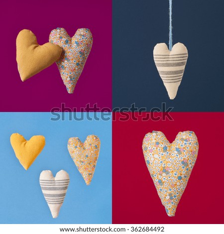 Collage of four colorful squares with fabric hearts.
