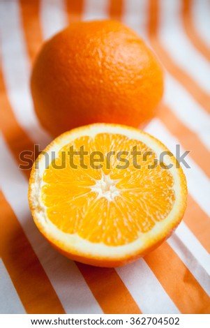 Oranges cut set on stripped white-orange mat