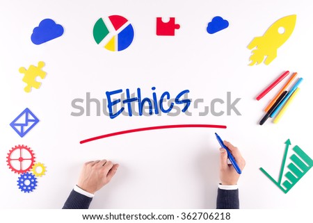 Office desk with a single word Ethics