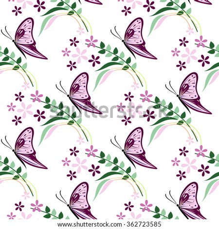 Seamless vector pattern with insects, colorful background with violet butterflies, flowers and branches with leaves.