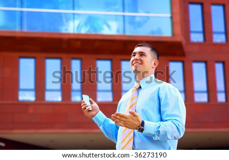 Happiness businessman on business architecture background