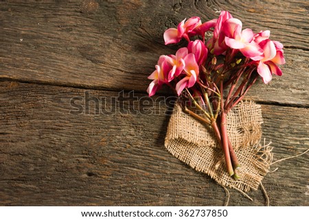 The beautiful pink Plumeria flower on the old wood background still life
