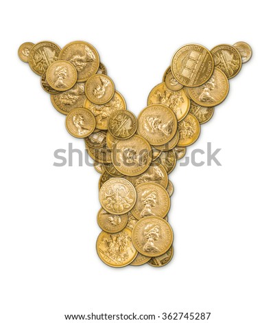 Letter Y made from gold coins money isolated on white background