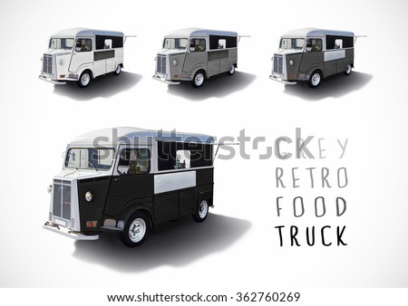 Set of grey scale retro food trucks isolated with cutting path Royalty-Free Stock Photo #362760269