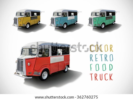 Set of color retro food trucks isolated with cutting path Royalty-Free Stock Photo #362760275