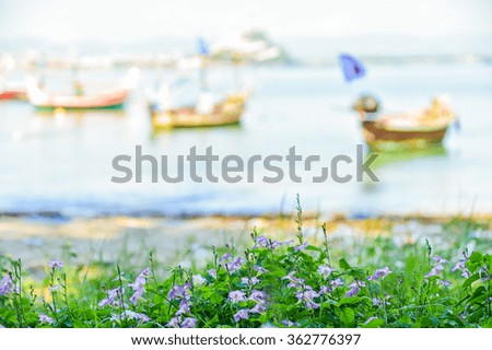 Purple flowers on the beach A fishing boat in the background. In view of the very beautiful