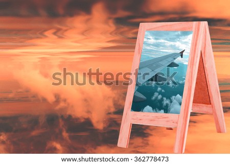 Pictures wing aircraft in a wooden box background blur sky background for display or editing products