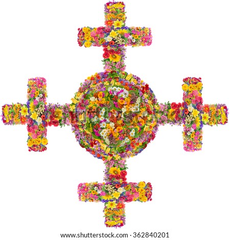 Solar ancient archaic Celtic Nordic cross  concept. Isolated handmade collage from summer vivid flowers. You can find all the full sized images in my portfolio.