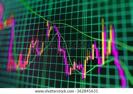 Stock market graph and bar chart price display. Data on live computer screen. Display of quotes pricing graph visualization. Abstract financial background trade colorful 